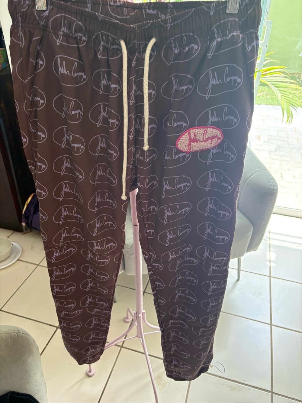 fresh Brown Logo-Print Jogger Pants with Pink Patch. Size M.